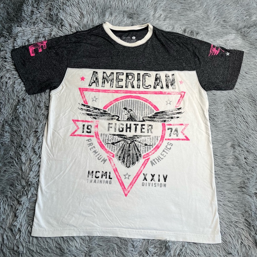 American Fighter Tshirt Mens Large Spellout White Grey Eagle Short Sleeve